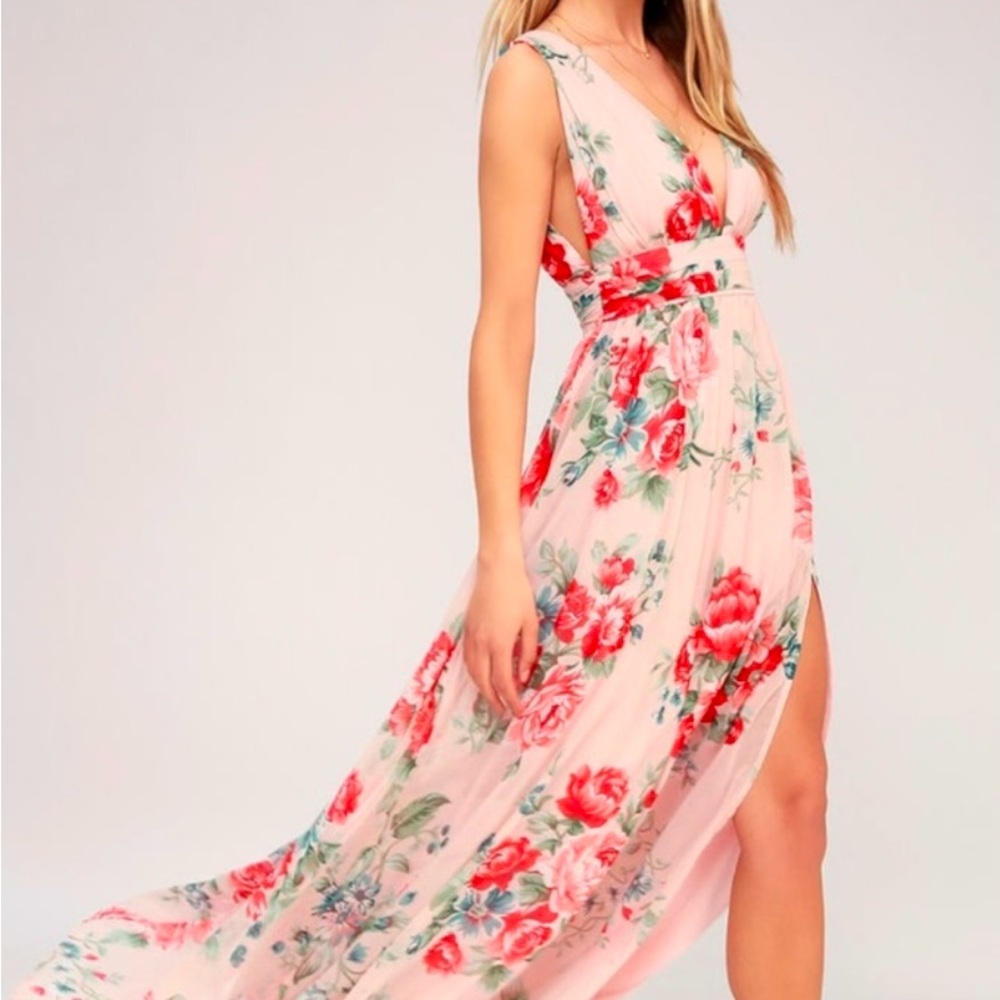 Lulu's Pink Ruched Maxi Dress with Plunge Neckline and Side Slit